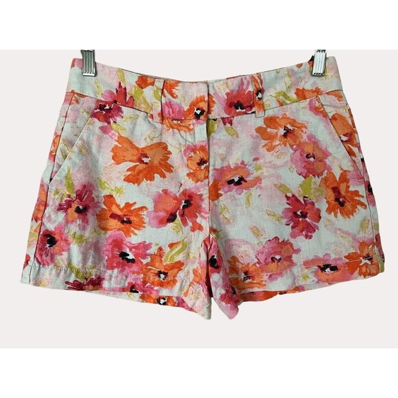 Ann Taylor Loft Linen Blend Floral Print Shorts Orange Pink Green 00 - Picture 1 of 4